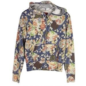 VINTAGE Y2K LUCKY BRAND Hoodie Sweatshirt S Asian-Floral Pocket Zip Long-Sleeve